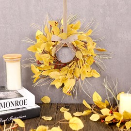 6 Pcs 3 Inch Fall Eucalyptus Leaves for Kitchen Cabinets Thanksgiving Mini Autumn Candle Rings Wreaths with Red Berries Artificial Farmhouse Hanging Swags Wreath for Home Wall Window Festival Decor