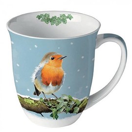 Ambiente Cup Winter Robin, Height Approx. 10.5 cm, Diameter Approx. 9.5 cm, Volume Approx. 0.4 Litres