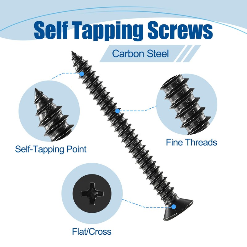 ANCHOREASE M4×12mm Wood Screw 400Pcs, Black Carbon Steel Self Tapping