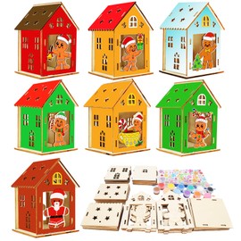 WEDNOK 7 Sets Gingerbread House Craft Set Children Gingerbread Man Wooden Construction Kit 3D Christmas Creative Sets Wooden Construction Kit Craft DIY Wooden Craft Set for Painting for Boys Girls