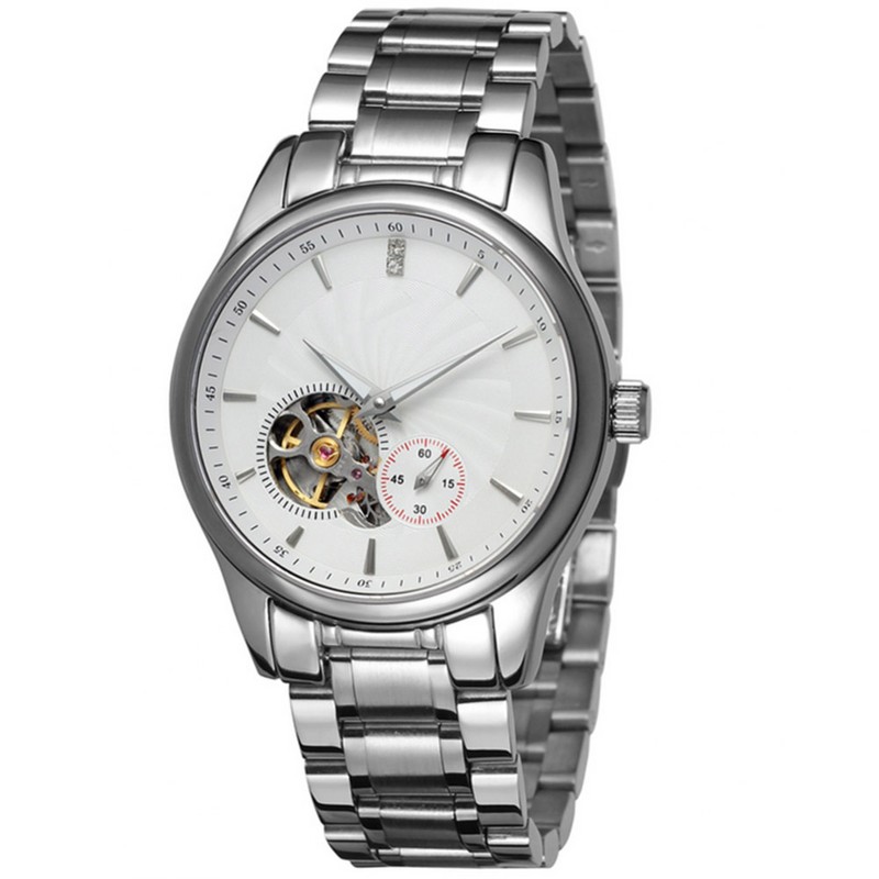 FORSINING Automatic Mechanical Movement Steel Strap Business Men Wristwatch(White Silver)