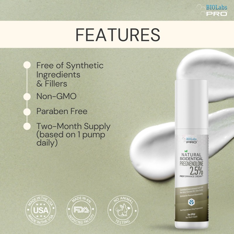 BIOLABS PRO Pregnenolone, All Natural Bioidentical Pregnenolone, 2.5% Maximum Strength,