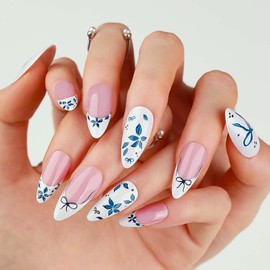 RikView Uñas Postizas De Almendra, Uñas Postizas Medianas, Uñas Con Punta Francesa, Uñas Acrílicas Blancas, Uñas Brillantes De Cobertura Completa Para Mujeres, 24 Piezas Por Juego