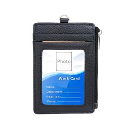 Boshiho Men's Commuter Passcase, Genuine Leather, 5 Card Case, Employee ID Card, Key, Coin Purse, Name Holder, Neck Strap, For Work or School Commutes, Black, Black