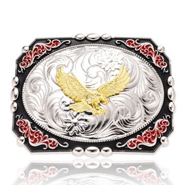 BBOTEN Soaring Eagle Belt Buckles for Men, Western Silver Black Gold Flying Eagle Red Floral Engraved Large Belt Buckle
