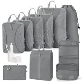 Compression Packing Cubes 10 Set, Suitcase Organiser Bags, Travel Cubes for Suitcases, Luggage Organiser Packing Bags, Flight Cruise Holiday Essentials, Grey