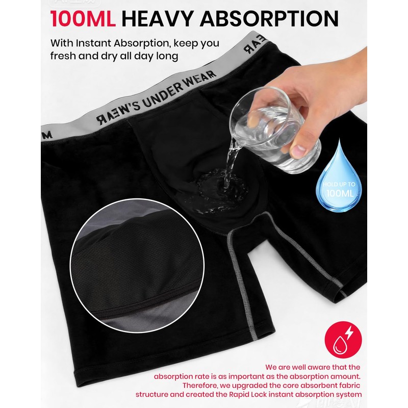 Men's Incontinence Underwear, 100ML Absorb Leakproof Boxer Brief