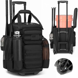 SunForMorning Baseball Bucket Bag with Wheels Baseball Coaching Accessories Organizer Tactical Style Softball Bucket Bag with Multiple Pockets for Bat, Gloves and Other Accessorie, Black
