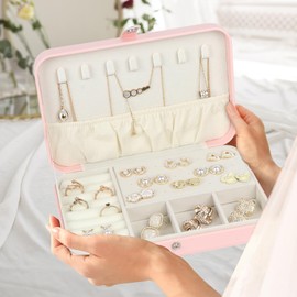 Jewellery Box, PU Leather Jewellery Storage, Small Jewellery Box for Women, Girls, Jewellery Box for Rings, Earrings, Bracelets, Women's Gift (Pink)