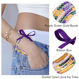 FAERLIIRY Mardi Gras Bracelets Glitter Jelly Bangles Glitter Filled Jelly Silicone Bracelets for Women Bracelet Set Waterproof Purple Green Gold Bangles Set (Beaded)