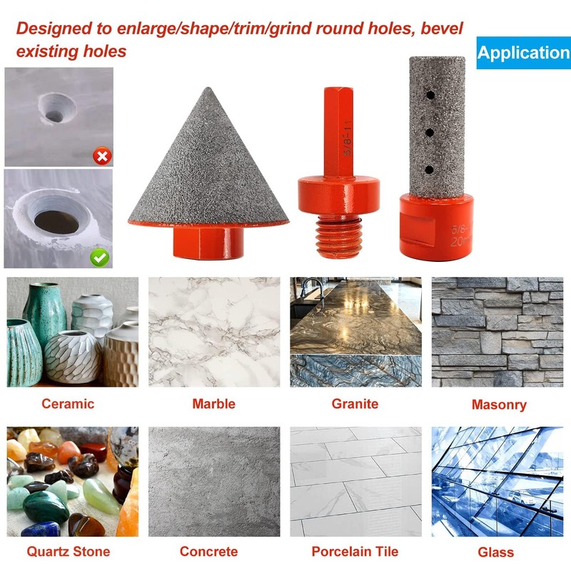 3 PCS Kit Professional Diamond Chamfering Set, Tile Cone Grinder