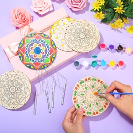 Silipull 24 Sets Mandala Wood Wind Chimes Craft for Kids Color Your Own Windchime DIY Unfinished Wooden Hanging Ornaments Coloring Wind Chime for Kids Gifts School Home and Party Supplies