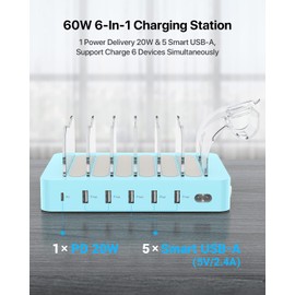 SooPii 60W 6-Port PD Charging Station for Multiple Devices, 20W PD USB C Fast Charging for lPhone 14/13/12,6 Short Cables Included, 2 in 1 Holder,for Phones,Tablets and Others…