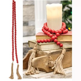 Unbranded Red Wood Bead Garland With Tan Jute Tassels 60" Long Christmas Patriotic