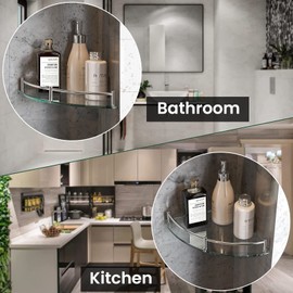 YorkHoMo Glass Corner Shelves Tempered Bathroom Eestantes para Baños with Rail Wall Mounted Drill Hole for Corner Shower Shelf for Inside Shower 2 Pack（Sliver）