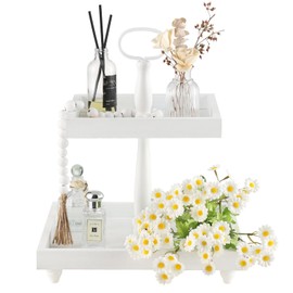 Rustic Wooden 2 Tiered Tray with Bead Garland, SYNCVIBE Square Farmhouse Style Decorative Trays Stand, Wood Serving Tray for Coffee Food Fruits Cupcakes, Home Decor Holiday Housewarming Gifts