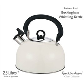 Buckingham Colour Coated Stainless Steel Retro Whistling Kettle Cream, 2.5 Litre with Heat Resistant phenolic Handle, 19.5 x 19.5 x 18 cm