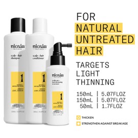 Nioxin Scalp + Hair Thickening System 1 Kit - Hair Thickening System for Natural Hair with Light Thinning - Shampoo, Conditioner & Scalp Treatment (150+150+50ml)
