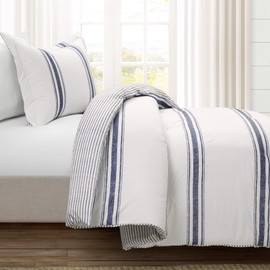 Lush Decor Farmhouse Stripe Reversible Cotton Comforter Set , 2 Piece Set, Twin XL, Navy - Twin Bedding Set - Dorm Decor - Striped Comforter For Kids Or Teens - Modern Farmhouse Bedroom Decor