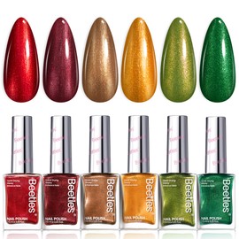 Beetles Fall Nail Polish Set - Glamour Era 6 Colors Quick Dry Glitter Burgundy Red Gold Green Yellow High-Gloss Long-Lasting Nail Polish for DIY At-Home Manicure Gift for Women