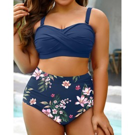 Yonique Women Plus Size Two Piece Swimsuits High Waisted Bathing Suits Bandeau Bikini Tummy Control Swimwear, Blue Flower, 14 Plus