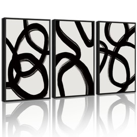 KUVIOKE Black and Wahite Abstract Framed Wall Art Ink Wash Minimalist Lines Painting Artwork for Bedroom Hallway 16x24in (Black Framed)