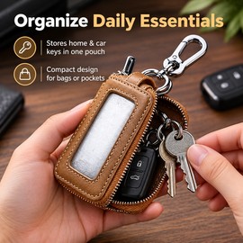 Genuine Leather Key Holder for Car & House Keys – Double Zipper Mini Wallet with Clear Window for Everyday Carry and Travel