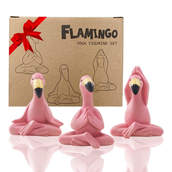 Goodeco Mini Yoga Flamingo Statues Garden Ornaments Outdoor – Pink Flamingo Figurine for Fairy Garden Desk Room Zen Décor Gifts For Women/Mum/Grandma/Girls Home Decorations Accessories 6.2CM Set 3