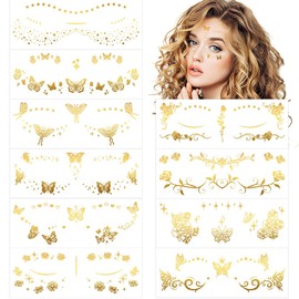 VIWIEU 10 Pcs Tattoo Stickers Color Gold Glitter Cute Face Stickers for Women, Metal Butterflies, Roses, Flowers, Stars, Hearts, Flashing Water Transfer Body Stickers, Easy to Apply Facial Deco,