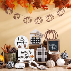 Reallnaive 18 Pcs Fall Thanksgiving Tiered Tray Decor Set Pumpkin Leaf Buffalo Plaid Wood Sign Hello Fall Rustic Farmhouse Tray Decoration Tabletop Sign for Autumn Home Kitchen Festival(Vintage Plaid)