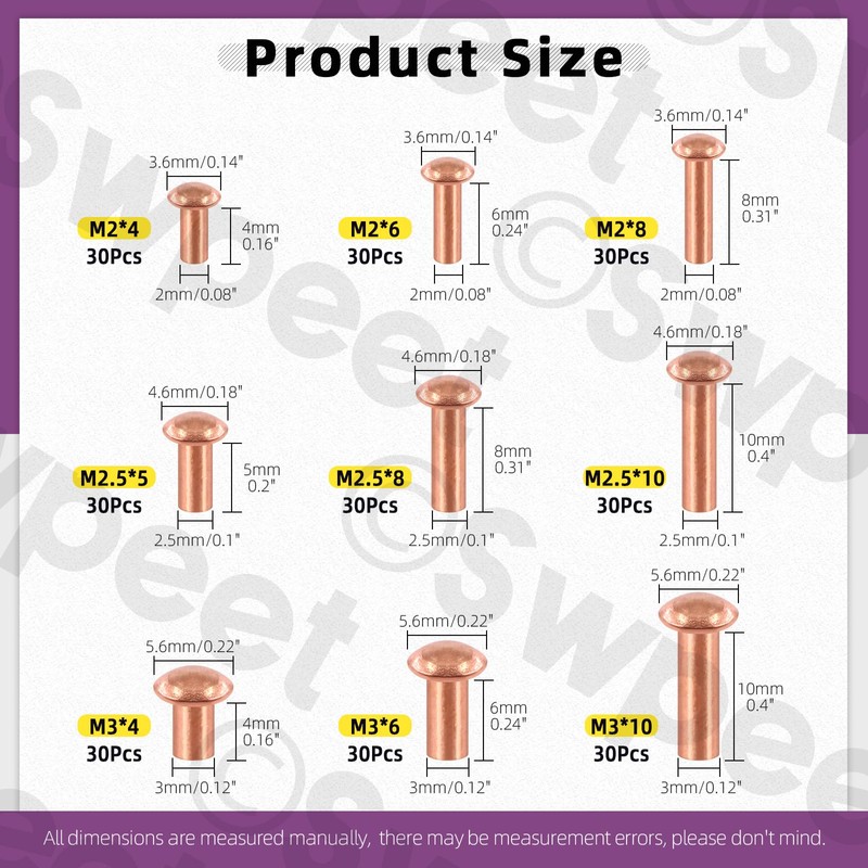 Swpeet 270Pcs M2 M2.5 M3 Half Round Head Copper Solid