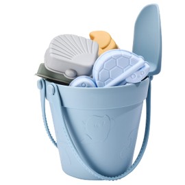 CHILDLIKE BEHAVIOR Silicone Baby Beach Toys - 10x10-Inch Travel Friendly Beach Toy Set - Durable Sandbox Toys - Kids Sand Toys Set Includes Sand Bucket, Shovel, and 6 Animal Shaped Sand Molds