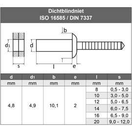 4.8 x 12 mm (Pack of 50) Sealing Blind Rivets with Flat Head, Waterproof, Stainless Steel VA A2 V2A, Blind Rivets, Pop Rivets, Rust-Proof DIN 7337, ISO 16585 AGBERG