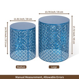 HPC Decor Heavy Duty Metal Outdoor Side Tables Set of 2 - Dark Blue Modern Patio Furniture for Garden, Porch, Deck - Indoor/Outdoor Decorative Stools with Rustic Farmhouse Decor