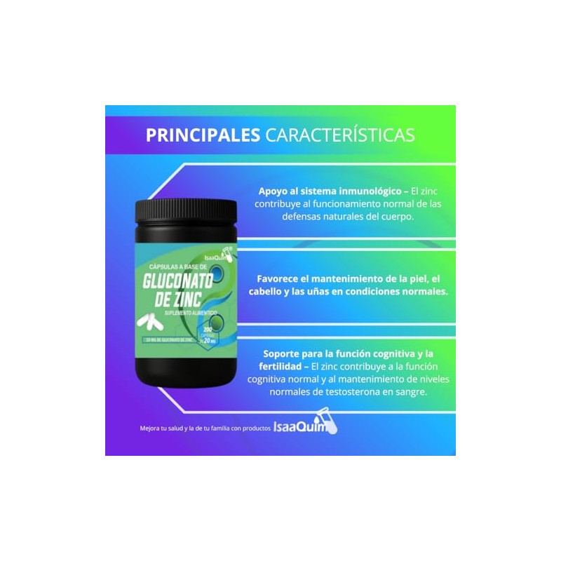IsaaQuim Gluconato de Zinc 20 mg – 200 Cápsulas |