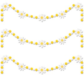 3 Pcs Daisy Flower Spring Decorations Daisy Flower Felt Garlands Pre-Strung Hanging Banner Colorful Pom Pom 8.2ft Boho Rustic Banners Party Supplies for Baby Shower Birthday Party