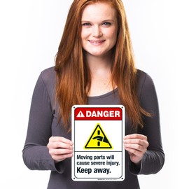 Sigo Signs, Moving Parts Will Cause Severe Injury Keep Away Sign, ANSI Danger Sign, 10x7 Inches, 55 mil Thick HDPS (high Density polystyrene), Made in USA