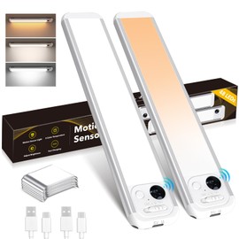 RUIKORING Under Cabinet Lighting, 3 Colors, Motion Sensor Light Indoor, LED Rechargeable Closet Lights Battery Operated, Dimmable Night, Stick-On Magnetic Cabinet Lights for Kitchen Stairs Bedroom