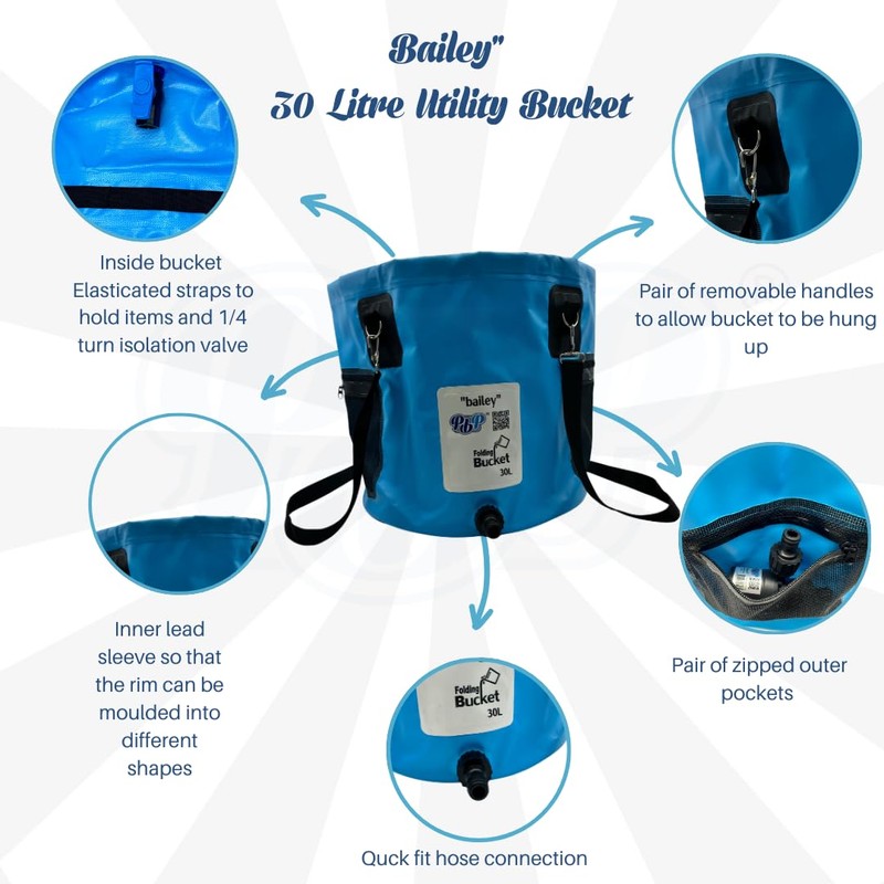 PBP "Bailey" Folding Utility Bucket, 30L Capacity, with Quick Hose