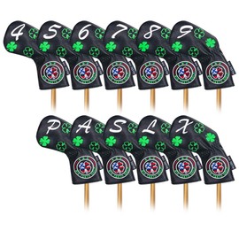 Big Teeth Golf Iron Covers Headcovers Set 11 Pieces (4-9, P, A, S, L, X) Number Embroidered Long Neck Elastic Closure Clover Embroidery Synthetic Leather Black