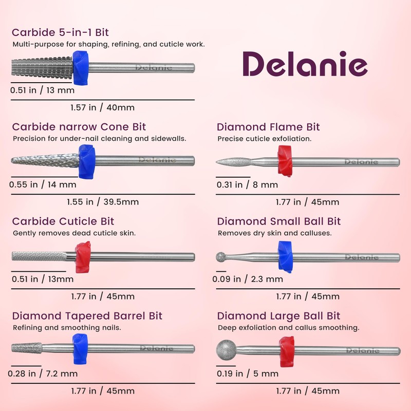 Delanie Professional 7 Piece Nail Drill Bit Set with Holder,