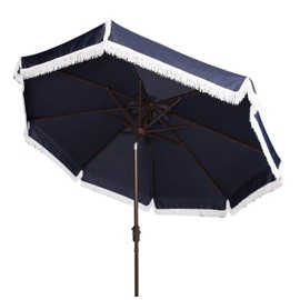 Safavieh PAT8008A Collection Milan Fringe Navy and White 9Ft Crank Outdoor Push Button Tilt Umbrella