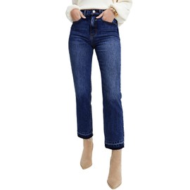 Astylish Women's High Waisted Frayed Hem Straight Leg Ankle Jeans Stretch Denim Pants Dark Blue