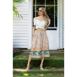 FREEOAK Women's Flowy High Waisted A-Line Midi Skirt Summer Casual Boho Style with Pockets for Beach Vacations Size M