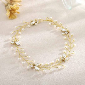 EASEDAILY Bride Wedding Hair Vine Gold Crystal Headband Pearl Headpieces Rhinestone Bridal Hair Pieces Hair Accessories for Women and Girls