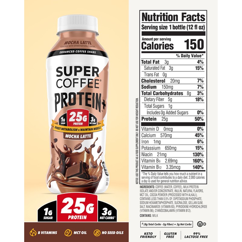 SUPER COFFEE Protein+, Keto Protein Coffee (0g Added Sugar, 25g
