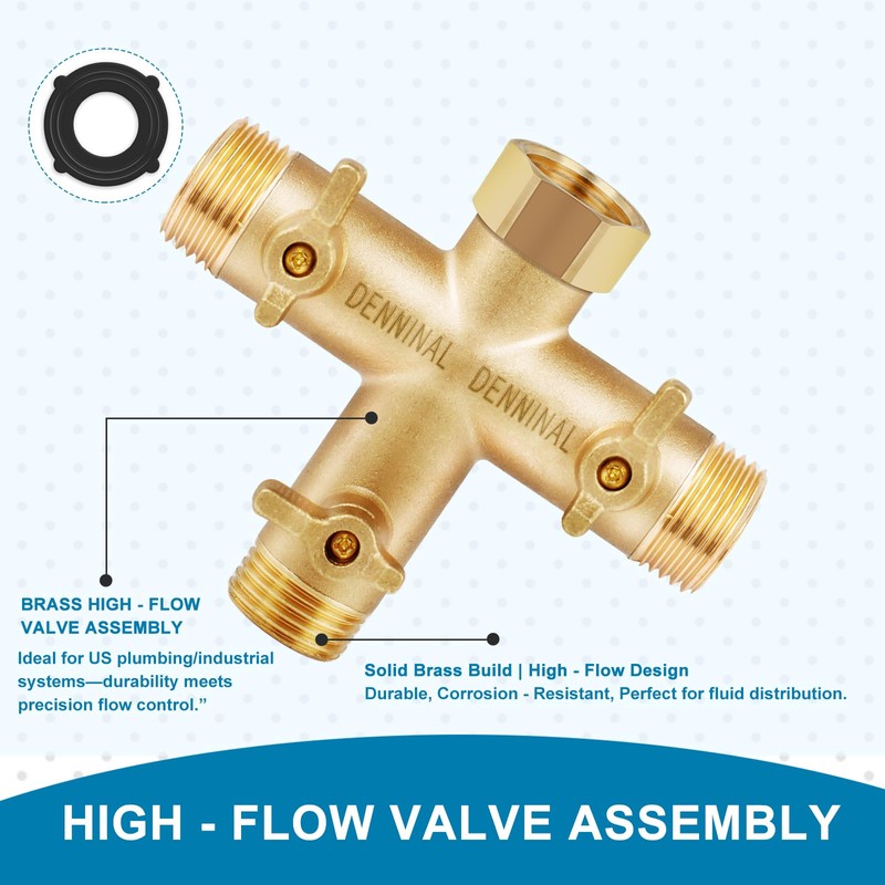 Denninal 3 Way Hose Splitter, Solid Brass High Flow 3