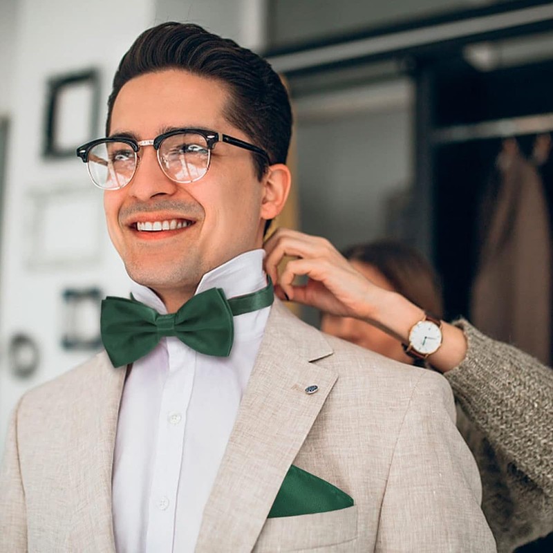 Scinzene Men's Green Bow Tie with Pocket Square Set -