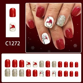 Christmas Press On Nails Square Fake Nails Bow With Elk Christmas Cap Design Xmas False Nails Winter Glue On Nails (Style SDJA21, Short)