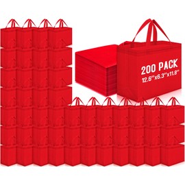 Windyun 200 Pcs Reusable Grocery Bags Large Non Woven Shopping Bags Foldable Portable Tote Carryall Bulk (16x6x12 Inch,Red)